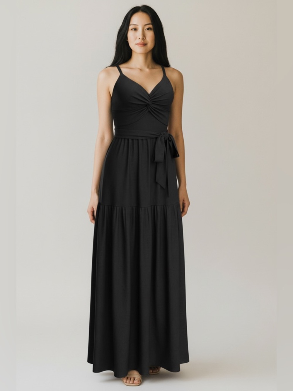 Black tired maxi dress twist front wrap back long size M
